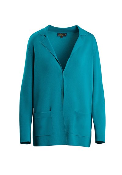 Cardigan turquoise avec un col cranté, une coupe ouverte, des manches longues et deux poches avant. Fabriqué à partir d'un tissu doux et texturé.