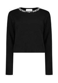 Maglione nero a maniche lunghe con polsini e orlo a coste, caratterizzato da un collo rotondo impreziosito da perline di cristallo trasparenti.