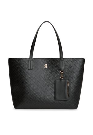 Borsa tote nera con texture, due manici, una piccola pochette con zip attaccata e logo dorato sul davanti.