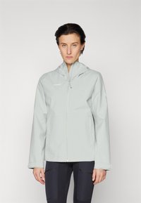 Helle graue wasserdichte Jacke mit Kapuze, Frontreißverschluss und zwei Seitentaschen. Ausgestattet mit einem schlichten Design und leicht strukturiertem Stoff.