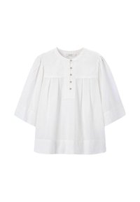 Weißes Baumwollblusenshirt mit rundem Ausschnitt, Knopfleiste und gefaltetem Vorderteil. Hat Dreiviertelärmel und eine lässige Silhouette.