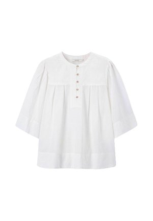 Witte katoenen blouse met een ronde hals, knoopsluiting en geplooide voorkant. Beschikt over driekwartmouwen en een ontspannen silhouet.