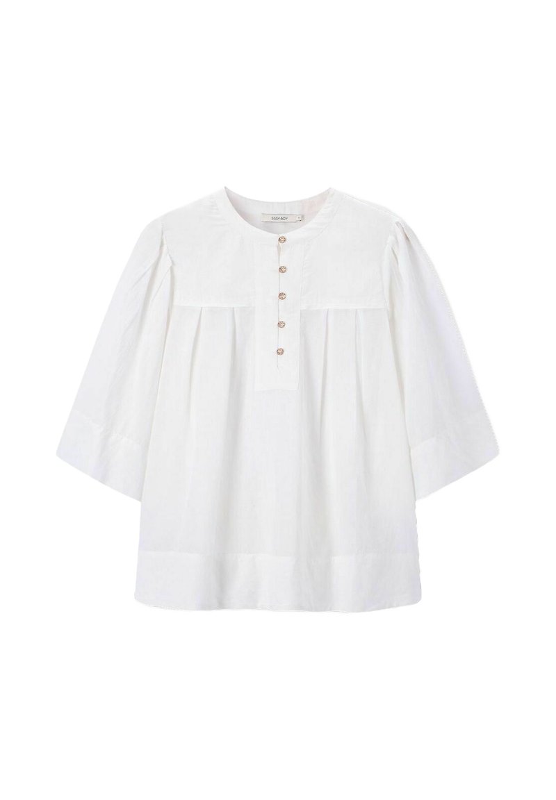 Weißes Baumwollblusenshirt mit rundem Ausschnitt, Knopfleiste und gefaltetem Vorderteil. Hat Dreiviertelärmel und eine lässige Silhouette.