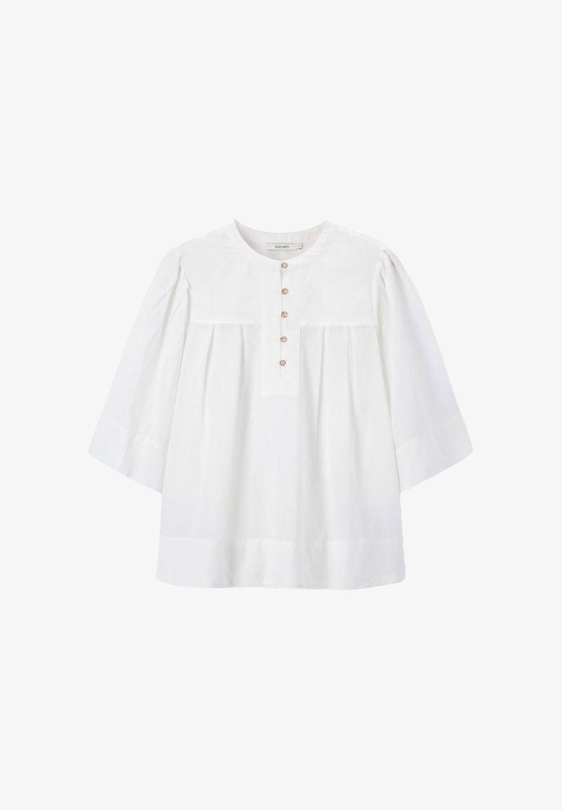 Weißes Baumwollblusenshirt mit rundem Ausschnitt, Knopfleiste und gefaltetem Vorderteil. Hat Dreiviertelärmel und eine lässige Silhouette.