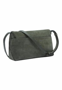 Borsa a tracolla verde in suede, con forma rettangolare, frontale piatto e lunga tracolla regolabile. Presenta un dettaglio di cucitura sulla parte anteriore.
