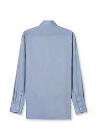 Langärmeliges, hellblaues Hemd mit texturiertem Muster, Knopfmanschetten, Standardkragen und geradem Rückenschnitt. Detaillierte Nähte sichtbar.