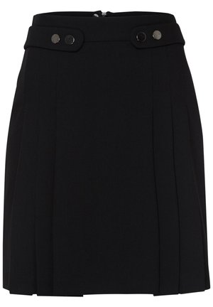 Schwarzer plissierter Minirock mit hoher Taille, dekorativen Druckknöpfen und einem Reißverschluss hinten.