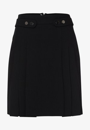 Zwarte geplooide mini-rok met hoge taille, decoratieve drukknopen en een ritssluiting aan de achterkant.