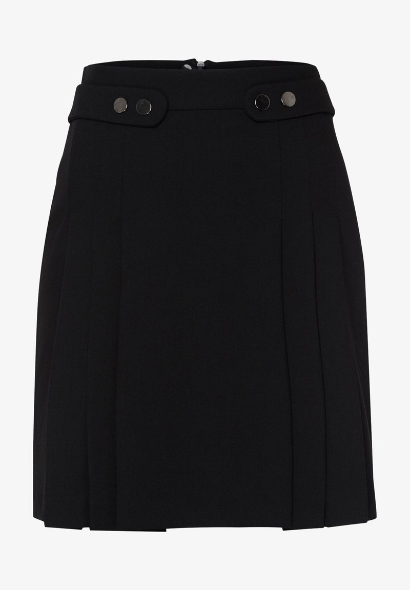 Mini jupe plissée noire taille haute, avec boutons-pression décoratifs et fermeture éclair au dos.