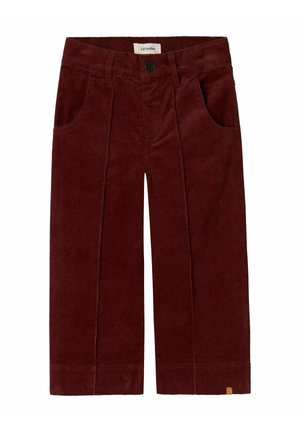 Pantalon en velours côtelé bordeaux pour tout-petits, avec poches avant, fermeture par bouton, détails de couture centrale et petite étiquette près de l'ourlet.