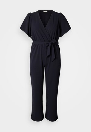 Navy modr jumpsuit z ovratnikom, kratkimi rokavi, pasom za zavezovanje in širokimi hlačnicami. Izdelan iz mehke tkanine z gladko teksturo.