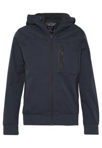 Mörkblå zip-jacka med huva, utrustad med en bröstficka, ribbade ärmslut och nederkant. Tillverkad av ett mjukt, lätt material.