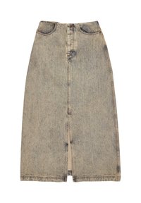 Gonna di jeans in azzurro chiaro con taglio dritto, spacco frontale e design tradizionale a cinque tasche. Presenta chiusura con bottone in metallo e passanti per la cintura.