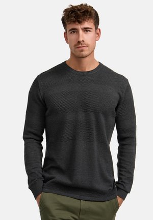 Maglione lavorato a maglia grigio scuro con righe testurizzate, collettino rotondo e maniche lunghe. Tessuto liscio con polsini e orlo a costine.