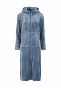 Lång, zip-up huppar i mjukt blått plyschtyg. Har långa ärmar, en framficka och en avslappnad passform.