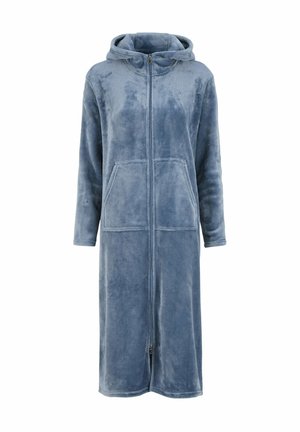 Lång, zip-up huppar i mjukt blått plyschtyg. Har långa ärmar, en framficka och en avslappnad passform.