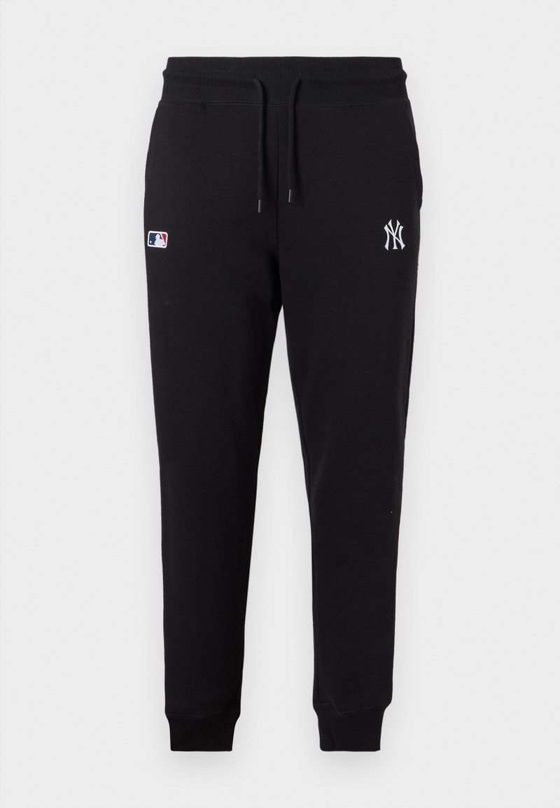 Black sweatpants made of cotton blend, featuring an elastic waistband with drawstrings, ribbed cuffs, and embroidered logo on the left leg.