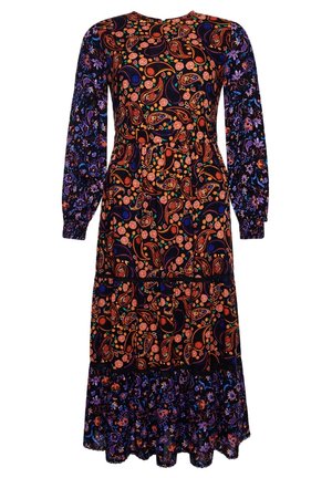 Long-sleeve dress with a dark background featuring colorful paisley and floral patterns; flared hem and gathered waist detail.