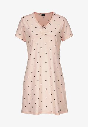 Rosa Kurzarm-Nachtkleid aus weichem Stoff, mit V-Ausschnitt, kleinen schwarzen Herzchen und einer zentralen Schleifenapplikation unter dem Ausschnitt.