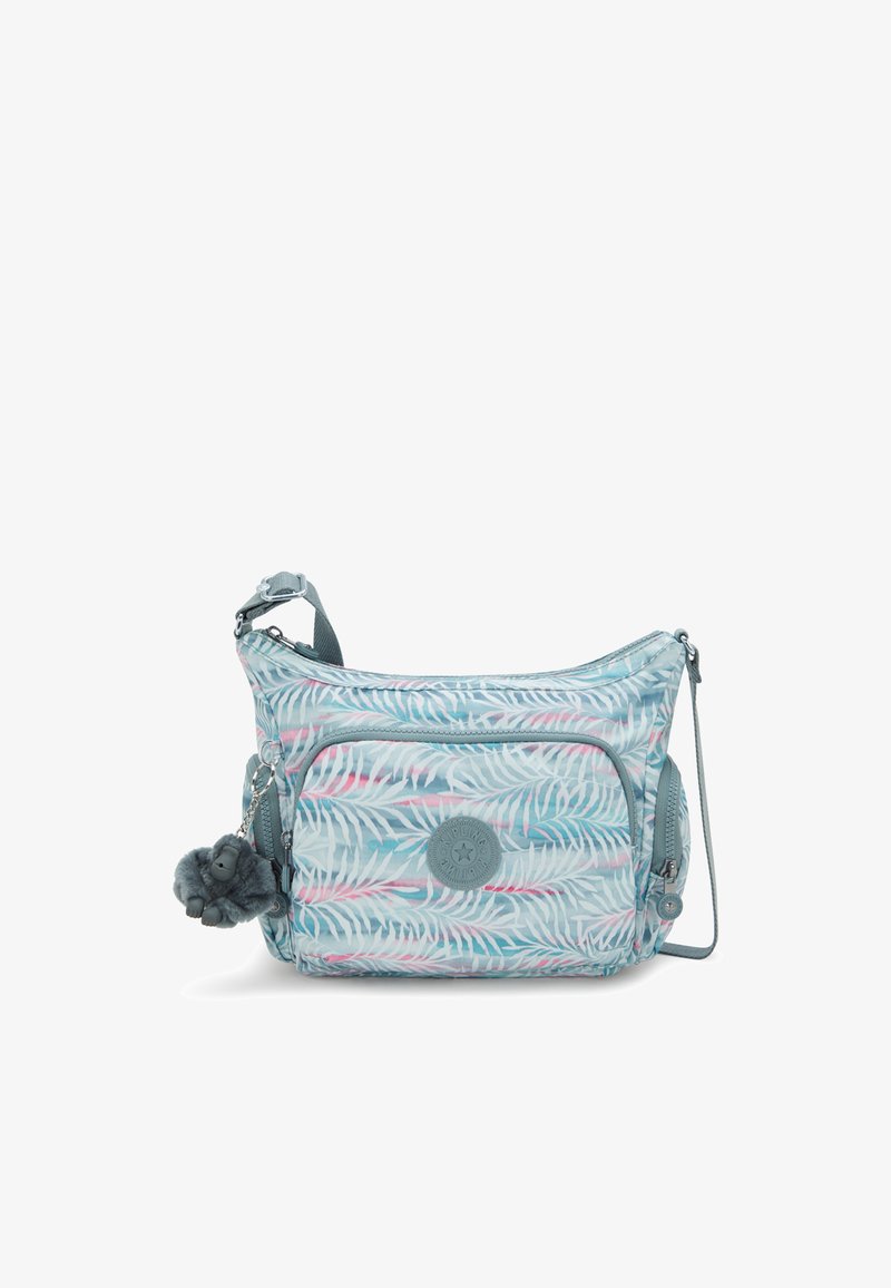 Borsa a tracolla in tessuto blu chiaro, con un motivo a foglia in rosa e verde. Include un portachiavi decorativo a forma di gorilla e diverse cerniere.