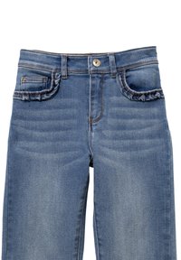 Jeans in denim con un lavaggio azzurro chiaro, con vita media, tasche leggermente arricciate e cuciture in contrasto lungo le cuciture.