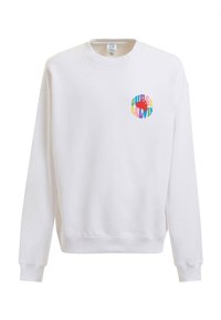 Witte sweatshirt met een kleurrijk rond logo met de teksten "GUESS" en "BALVIN". Ronde hals, lange mouwen en ribgebreide manchetten.