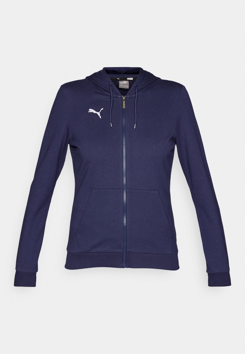 Felpa con zip color navy realizzata in materiale misto cotone. Presenta un logo bianco sul petto sinistro, due tasche frontali e un cappuccio con cordino.