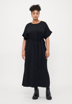 Black maxi dress with short sleeves, featuring a round neckline and a fabric belt at the waist. Smooth texture with a relaxed fit.