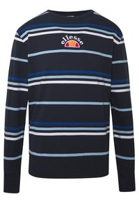 Maglione a maniche lunghe blu navy con strisce orizzontali bianche, azzurro chiaro e blu scuro, con logo e emblema "ellesse" sul petto.