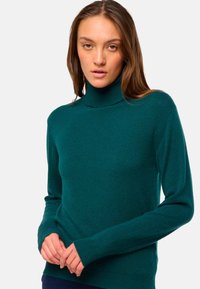 Türkiser Rollkragenpullover aus weichem Material, mit langen Ärmeln und gerippten Bündchen, in lockerer Passform und minimalistischem Design.