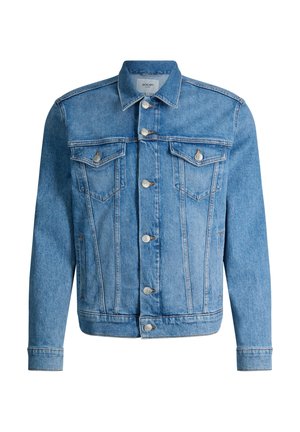 Blauwe spijkerjas met metalen knopen aan de voorkant, twee borstflapzakken met knopen, zijzakken en een klassieke kraag.