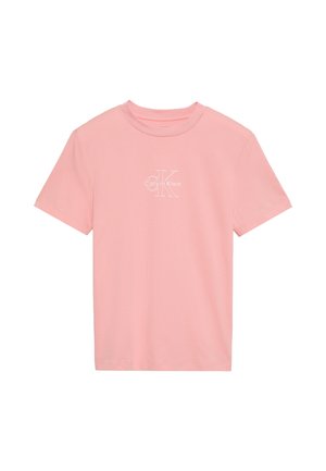 Ροζ κοντομάνικη μπλούζα με στρογγυλή λαιμόκοψη και λευκό λογότυπο Calvin Klein "CK" στο κέντρο του στήθους.