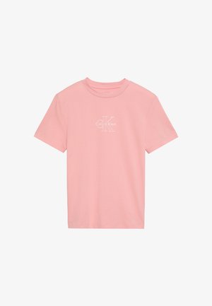 T-shirt rose manches courtes à col rond avec logo blanc Calvin Klein "CK" centré sur la poitrine.