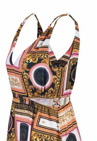 Ärmelloses Kleid aus gemustertem Stoff in Gold, Pink und Schwarz, mit einer taillierten Taille und filigranen Designdetails.