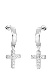 Sterling silver hoopörhängen med hängande korspendlar, accentuerade med klara kristaller arrangerade i ett korsmönster.