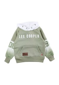 Sweat à capuche vert avec des accents blancs, portant l'inscription "LEE COOPER" imprimée sur le devant, manches longues à dégradé plus clair, grande poche avant, étiquette en tissu.