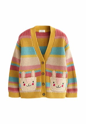 Cardigan en maille épaisse avec bordure jaune moutarde, rayures multicolores, et deux poches avant avec des visages de lapins souriants.