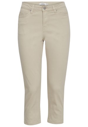 Pantaloni capri bej cu o croială ajustată, dintr-o țesătură din bumbac. Au buzunare standard, fermoar și închidere cu nasture metalic.