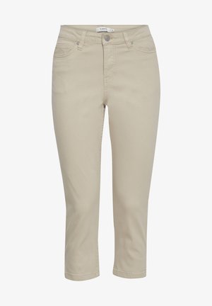 Pantaloni capri bej cu o croială ajustată, dintr-o țesătură din bumbac. Au buzunare standard, fermoar și închidere cu nasture metalic.