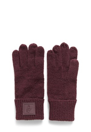 Guanti a maglia color bordeaux con polsino a coste. Tessuto resistente con una finitura testurizzata, dotati di una toppa quadrata con logo vicino al polso.