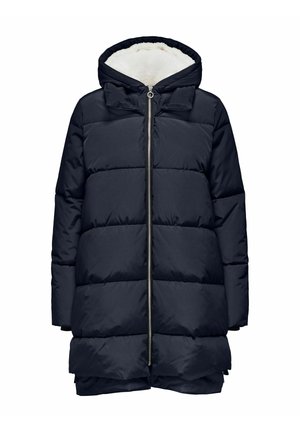 Cappotto invernale imbottito blu navy con zip frontale e cappuccio foderato in bianco pile, progettato per calore e comfort.