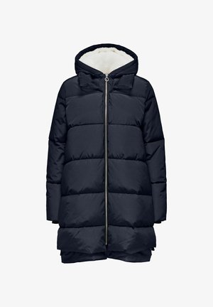 Navyblauwe gewatteerde winterjas met voorrits en capuchon, gevoerd met witte fleece, ontworpen voor warmte en comfort.