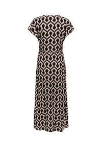 Robe midi avec motif géométrique abstrait noir et beige, manches courtes et taille cintrée, vue de dos sur fond blanc.