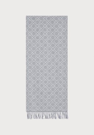 Écharpe grise tissée avec un motif en diamant complexe, présentant des motifs circulaires et des bords frangés. Texture douce et design léger.
