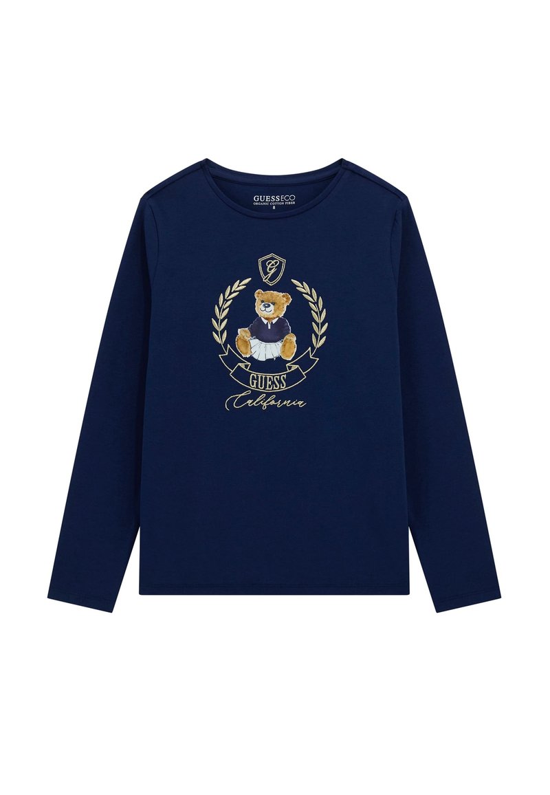 Maglietta a maniche lunghe blu navy con grafica di un orso in maglione, dettagli in alloro dorato e la scritta "Guess California" sotto il design.