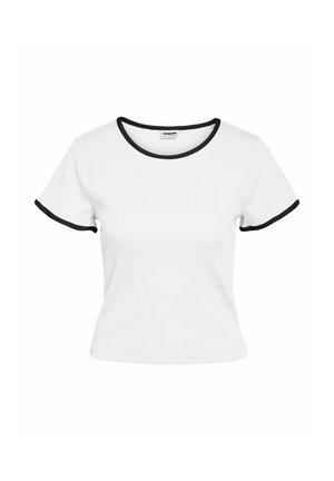 Hvit kortermet croppet t-skjorte med svarte kanter på krage og ermekanter, ribbet stofftekstur.