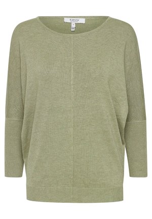 Suéter de color verde claro, holgado, con escote redondeado, mangas largas y un patrón de punto texturizado, que presenta aberturas laterales y un dobladillo recto.
