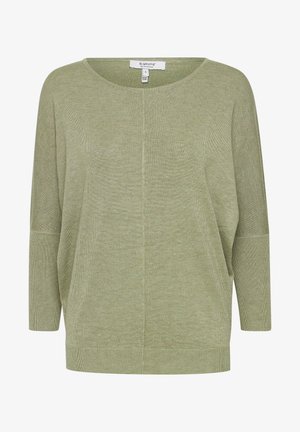 Hellgrüner, locker sitzender Pullover mit Rundhalsausschnitt, langen Ärmeln und strukturiertem Strickmuster, mit Seitenschlitzen und geradem Saum.