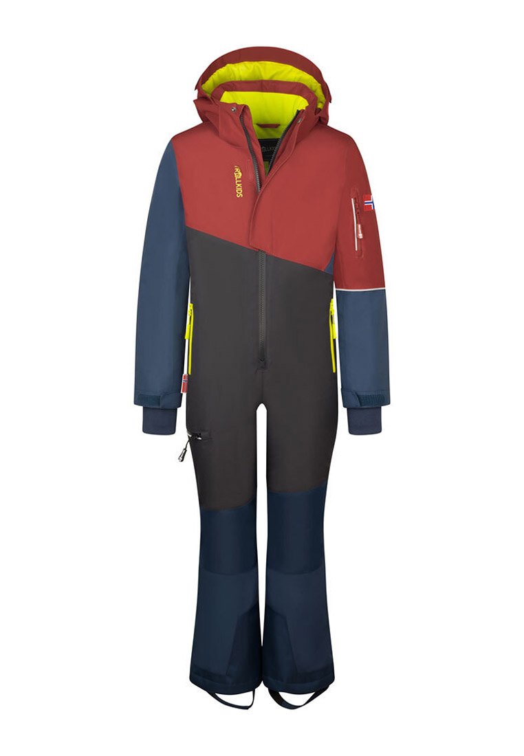 Red and navy one-piece ski suit with a hood, featuring yellow accents and zippers, waterproof fabric, and adjustable cuffs.