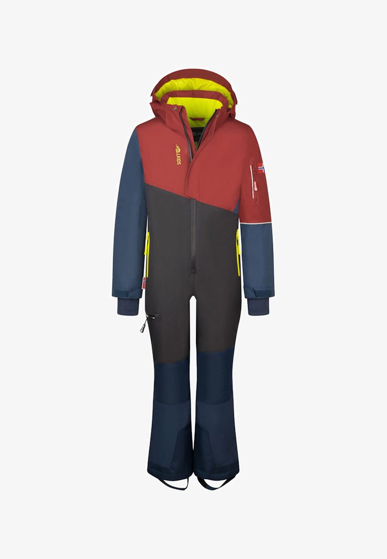 Red and navy one-piece ski suit with a hood, featuring yellow accents and zippers, waterproof fabric, and adjustable cuffs.